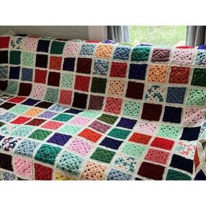 Homemade Knitted Crochet Granny Square Throw Afghan Blanket White 74x56 Roseanne